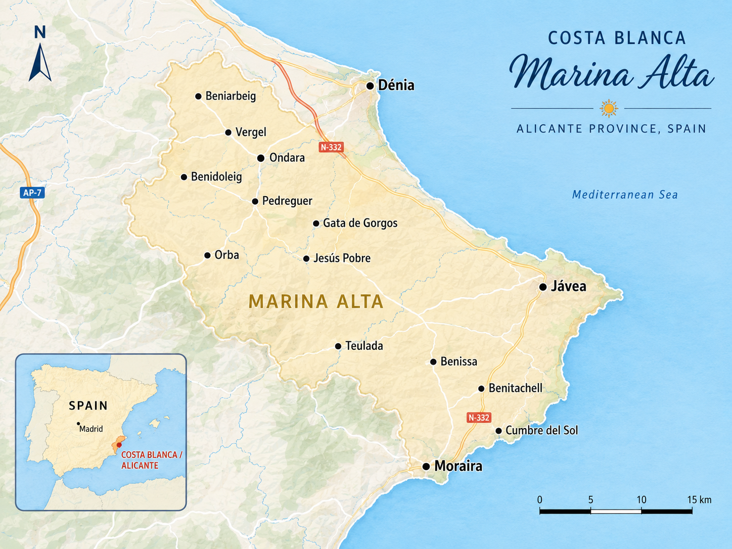 Map of the Marina Alta in Alicante province showing the fifteen towns MiAgua covers, from Dénia and Jávea to Moraira and Orba